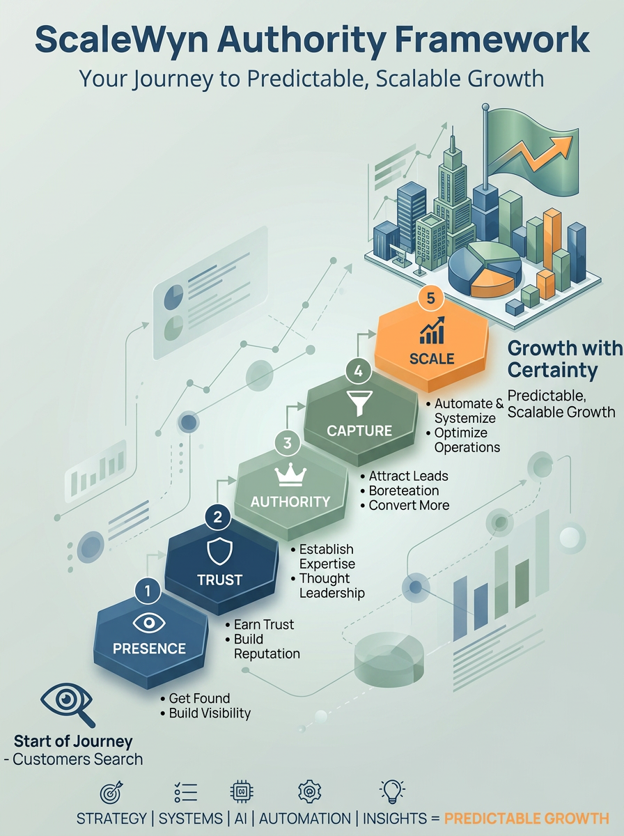ScaleWyn Authority Framework — ascending journey from Presence, Trust, Authority, Capture, to Scale, leading to predictable, scalable growth.