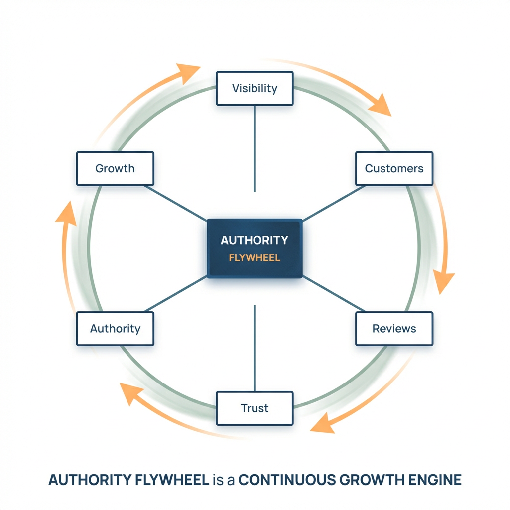 ScaleWyn Authority Flywheel — Visibility, Customers, Reviews, Trust, Authority, Growth